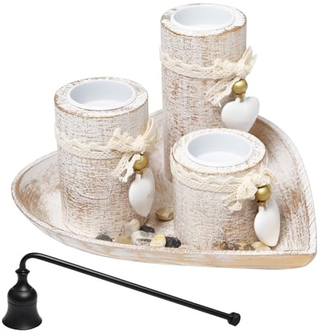 3Pz Candelabros con Bandeja de Madera Forma Corazón con Campana Apagavelas | Portavelas Decorativos Velas de Té para Decoración de Hogar, Mesa de Salón,Bodas,Celebraciones