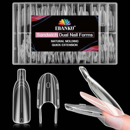 EBANKU 120PCS Sandwich Dual Nail Forms | Transparente Polygel Tips Nagelformen Dual Tips Nägel für Nagelverlängerung Nagel Formen Set für Extension(Lang Mandel Rund)