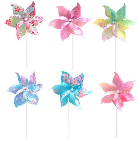Mtbricey 6Pcs Recyclable Plastic Windmills with Sakura Pattern Outdoor Wind Spinner Set for Garden Lawns Outdoor Parties Balconies Living Areas Simple Diy Decoration and Bird Repellent (Random Colors)