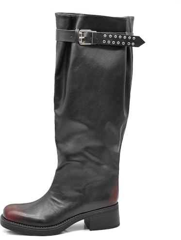 IF Stivali Alti Donna Gambale Largo Regolabile Stivali Biker con Fibbia e borchie Punta Quadrata Ideali per Polpaccio Largo GA060 nero/bordeaux N.39