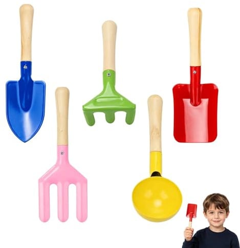 5 attrezzi da giardino per bambini, piccoli attrezzi da giardino a mano con paletta per piante, giocattolo da spiaggia per bambini, cucchiaio, forchetta, mestolo, rastrello per giardino, terra, piante
