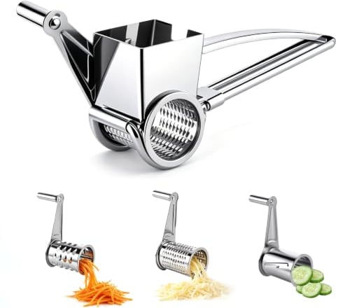 JIZZU Käsereibe mit Kurbel, 3 in 1 Küchenreibe mit 3 trommel, Edelstahl | Profi Reibe Parmesanreibe Käsereibe Cemüseschneider Zester, für Hartkäse, Gemüse, Obst, Schokolade, Nüssen, Spülmaschinenfest