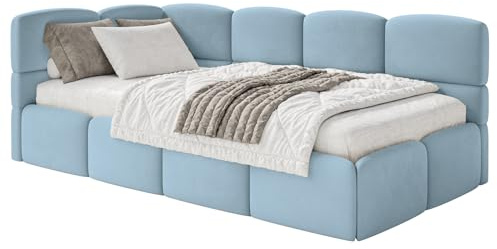 Selsey Jugendbett 120x200cm Hellblau gepolstert mit Stauraum und Lattenrost, Polsterbett Jugendbett linksseitig mit Bettkasten, Kinderbett mit Eckkopfteil, Bett für Jugendzimmer
