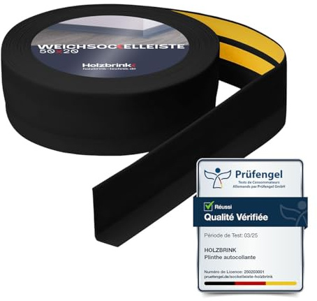 HOLZBRINK Plinthe souple autoadhésive 50x20mm, 10 m | Plinthe PVC pour finition plan de travail, sous-meubles| Cornière PVC flexible | Couleur : noir