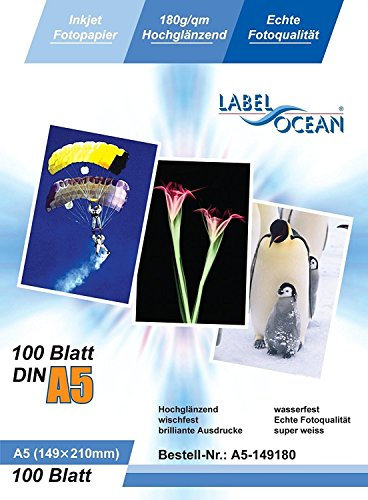 LabelOcean LO – 100 Blatt Fotopapier A5 148 x 210 mm Premium Hochglanz 180 g
