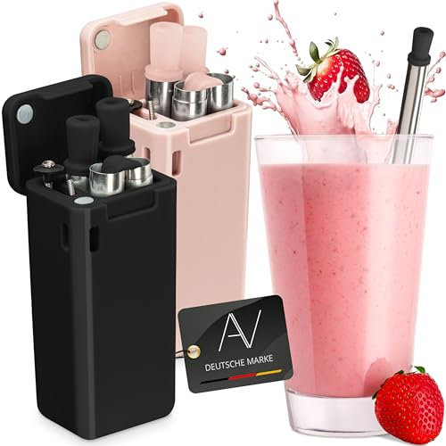 AVANA Wiederverwendbare Edelstahl Strohhalme 2er Set Faltbare Silikon Trinkhalme BPA-Frei Umweltfreundlich Zusammenklappbar mit Reinigungsbürste und Magnetbox (Schwarz & Rosa)