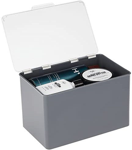 mDesign Aufbewahrungsbox mit Deckel für die Küche, Vorratskammer, das Arbeitszimmer – Stapelbox aus BPA-freiem Kunststoff – kompakte Kunststoffkiste für Haushaltswaren – dunkelgrau und durchsichtig