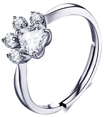 Ringe hundepfoten Katzenpfotenring aus Sterling-Silber 925 verstellbar Sterling Silber Pfotenring Hund Zirkonia Pfote Glänzend Schmuck Mädchen Frauen Geschenk Ideal Weihnachten (White49-54)