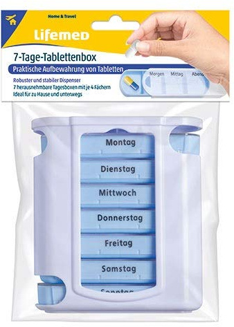 Lifemed 7-Tage-Tablettenbox mit 7 Tagesboxen je 4 Fächer | 28 Fächer insgesamt · herausnehmbare Tagesboxen · transparente Schiebedeckel · robuster Dispenser · spülmaschinengeeignet