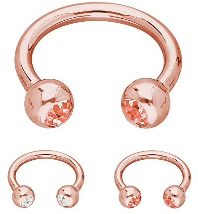 Treuheld® | Rosegoldenes Hufeisen Piercing Ring mit Kristallen - [26.] 1.6 x 8 mm (Kugeln: 4mm) - pfirsich