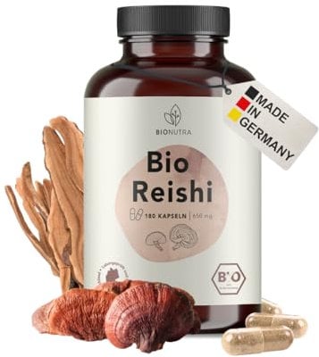 BIONUTRA® Bio Reishi Kapseln hochdosiert, 1200 mg Tagesdosis, rückstandskontrolliert, deutsche Herstellung, vegan, laktose- & glutenfrei, ohne Zusätze, Ganoderma lucidum, 180 Stück x 600 mg