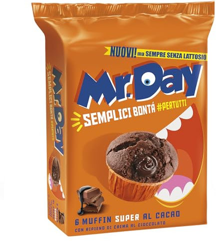 Mr.Day - Muffin Super al Cacao con Ripieno al Cioccolato, Merendina Senza Lattosio e Senza Olio di Palma, Ideali per Colazione, Snack o Merenda, Confezione da 6 Merendine, 300 gr