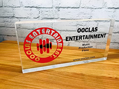OOCLAS Name Plate For Desk, Company Name, Logo, And Brief Info On Crystal Clear Acrylic Glass Block, Receptionist Area Décor, Desk Accessories, Nameplates On Desk In Size 12 X 6 X 1.25 Inches