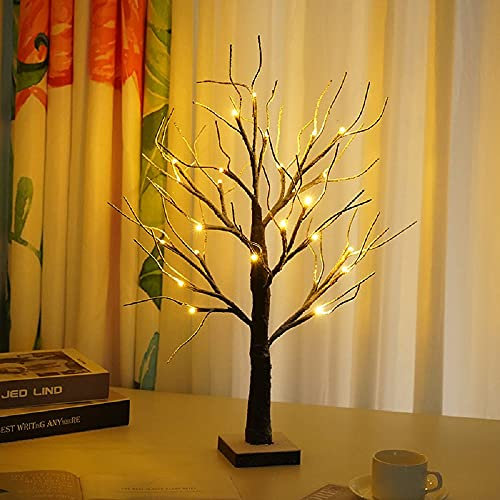 MEDOYOH Birke Lichterbaum Innen mit 24LEDS, 60cm/23.62in Höhe Warmweiß Licht Bonsai Baum Licht, AA Batterie Tischlampen für Schlafzimmer Wohnzimmer Home Party Hochzeit Festival Dekor