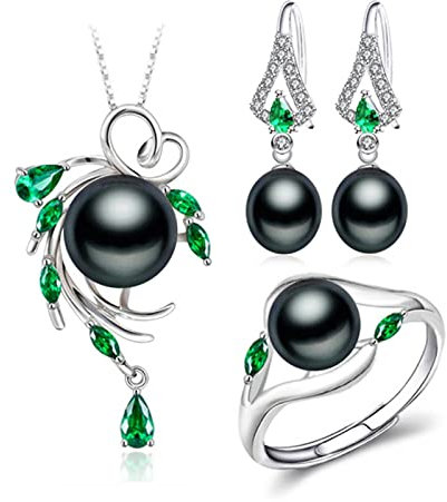 LOKILOKI 925 Sterling Silber Smaragd Schmuck Sets Naturperlen Ohrstecker Böhmische Anhänger Halskette Frauen Grüne Steine ​​Ring