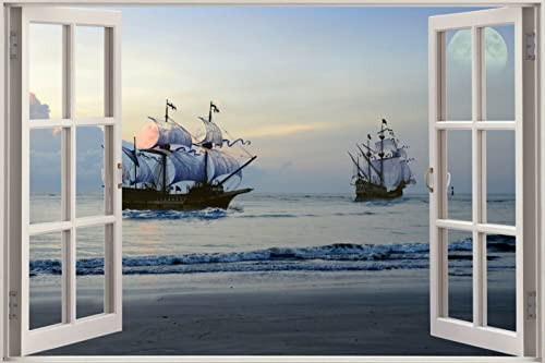 3D Effect Window View Pirate Ships Sea Ocean Wall Sticker Poster