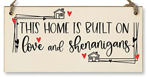 The Plum Penguin Handmade Wooden Hanging Wall Plaque Home Built on Love and Shenanigans Fun Sentimental Decorative Sign Family