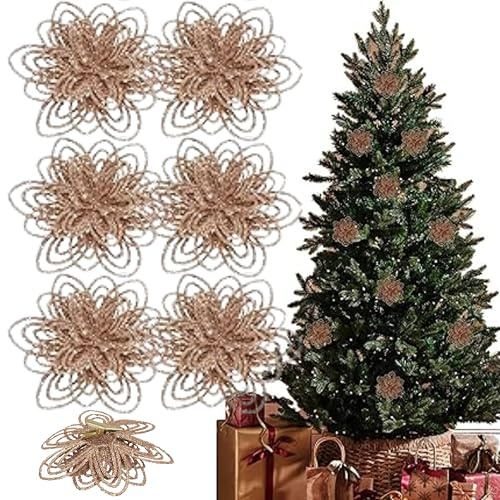 SRV Hub 6x Rose Gold Glitter Poinsettia Christmas Tree Decorations – Clip-On Artificial Flowers for Xmas Tree, Wreaths & Garland – Shiny Rose Gold Christmas Ornaments for Holiday & Party Décor