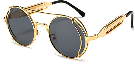 YAMEIZE Sonnenbrille Damen Vintage Runde Steampunk-mit UV400 Schutz Metallrahmen Brille Fahren für Herren Goldrahmen Schwarzgrau