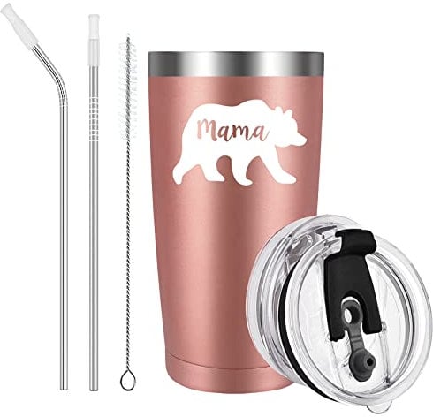 Livole Mothers Day, Christmas Gifts for Mum, Mom, Novelty Mummy Gifts Ideas, Mama Bear, Mum Birthday Presents from Daughter, Son, 600ml Double Walled Coffee Mug, 20oz Thermal Cup with Straw and Lid