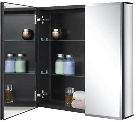 Fundin Black Aluminum Bathroom Mirror Cabinet 61 x 61 CM Recessed or Surface Mount, with Double Door and Adjustable Shelves.
