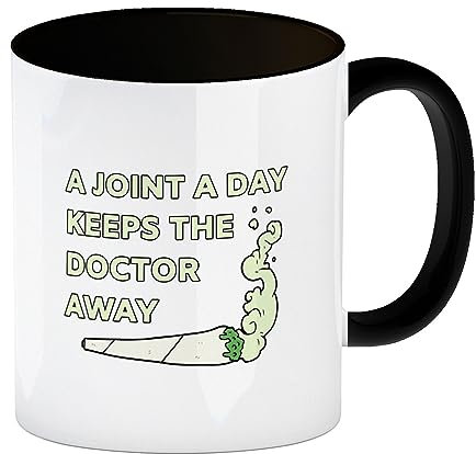 A Joint A Day Keeps The Doctor Away Kaffeebecher mit Innenseite und Griff in Schwarz mit Spruch Cannabis Tasse Weed Kaffeetasse Gras kiffen