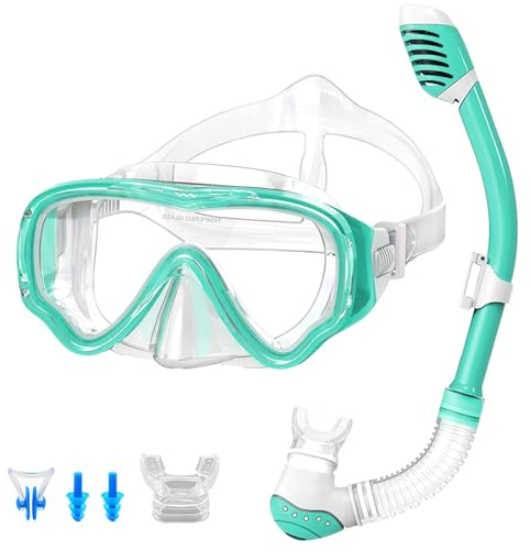 Schnorchelset, Kinder Tauchset, Tauchmaske aus Gehärtetem Glas, Anti-Leck Anti-Fog, ideal für Tauchen, Schnorcheln und Schwimmen, Minzgrün Set (Kinder)