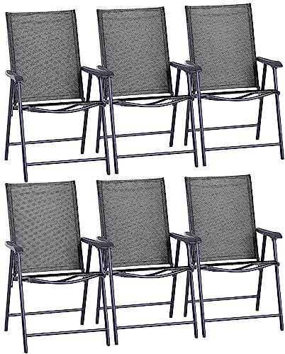 Outsunny Set of 6 Folding Garden Chairs, Metal Frame Garden Chairs Outdoor Patio Park Dining Seat with Breathable Mesh Seat, Black