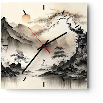 ARTTOR Moderne Wanduhr 40x40cm Quadrat Glasuhr Landschaften Vintage - 5777 | Asien Japan Sicht Glas Analog Wanduhr Lautlos Wanddekoration Wohnzimmer Büro Küche Wanddeko Küchenuhr Geräuschlos ARTTOR