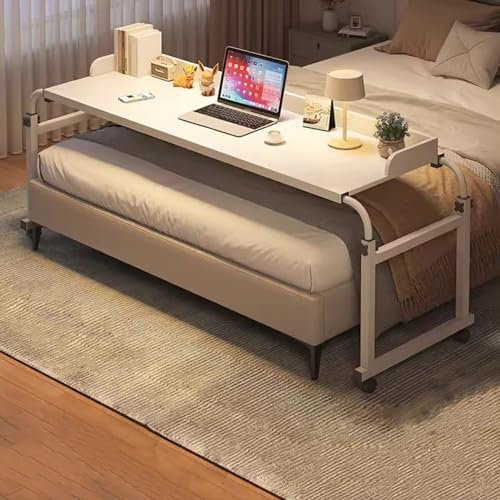 GXQFC Mesa Auxiliar Ajustable 115-210CM para Sofá/Cama, Mesa de Bandeja Escritorio Portátil con Ruedas Mesa de Sobrecama Carrito para Portátil con Estante Abierto(Color:Blanco)