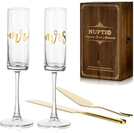 NUPTIO Anniversary Presents Champagne Glasses: Mr Mrs Wedding Gifts Cake Knife Server Set Gold Personalised Wooden Box Couple Bride Groom Engraved Crystal Prosecco Flutes