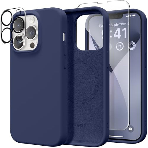 GONEZ Magnetic für iPhone 13 Pro Hülle, [Displayschutz und Kameraschutz], Stoßfeste Silikon Slim Phone Case 6.1″, Weiche Anti-Kratzer Mikrofaser Futter, Mitternachtsblau