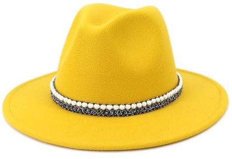 Fengyan Hut im französischen Stil, Triby-Filzhüte, Frühling und Herbst, Fedora-Wollhut, breite Krempe, Party, Trilby, Cowboyhut für Herren, gelb, 6 7/8-7 1/8