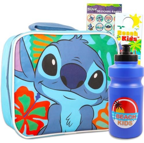 Disney Lilo and Stitch - Lonchera para niñas, paquete de 4 piezas con bolsa de almuerzo Stitch más calcomanías, botella de agua reutilizable y más | Bolsa de almuerzo Lilo and Stitch