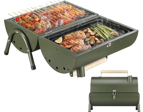 MAISON HUIS Tragbarer Holzkohlegrill, zweiseitiger Kohlegrill, Mini-Smoker, kleiner BBQ-Grill für den Außenbereich, für Reisen, Hinterhof, Picknick, Strand (grün)