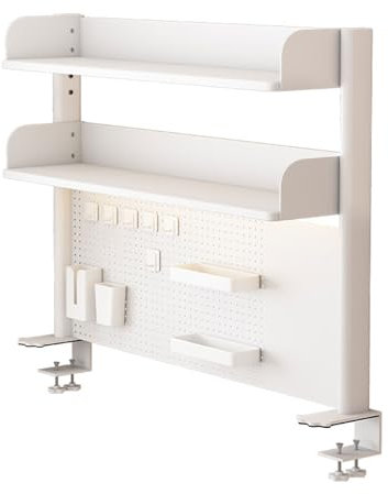 2/3 Tier Clamp On Desk Organizer Shelf Clamp-on Above Desktop Storage Shelf, Clip On Shelving Unit with Perforated Board and Hooks