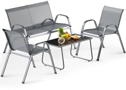 Wiltec 4-teiliges Gartenmöbel Set Hellgrau, Sitzgruppe Gartentisch mit Glasplatte, Lounge Set mit 2-Sitzer-Bank und 2 Gartenstühlen max. je 120 kg