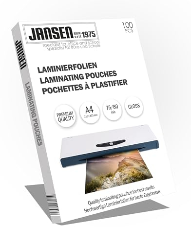 Jansen - Laminierfolien, 100 Stück, A4 75/80 mic, hochglanz, Die Verpackung kann variieren