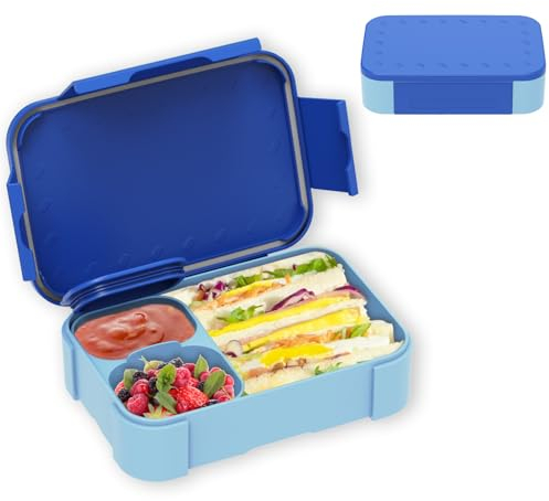 XJIANFU Brotdose Kinder mit Fächern,900ml Auslaufsichere Bento-Box, Kinder-Lunchbox,Auslaufsicher Fächern,Jausenbox Brotbox für,Mädchen & Jungen,Mikrowelle/spülmaschinenfest(Blue)