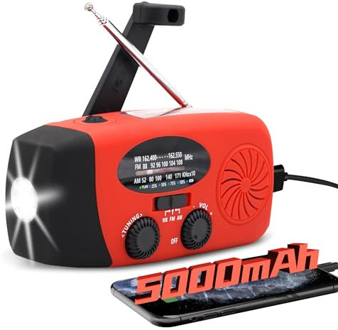 5000mAh Wind Up Solar Radio, Emergency Crank Weather Radio, Solar Radio with Torch, NOAA/FM/AM Solar Radios, Portable Survival Radio with SOS, USB Mobile Phone Charger for Camping (red)