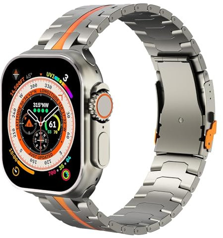 SEURE Titan Armband Kompatibel mit Apple Watch Ultra 2/Ultra 49mm,Serie 9/8/7 45mm,Serie SE2/6/SE/5/4 44mm,Serie 3/2/1 42mm Edelstahl Gliederarmband Ersatzarmbänder mit Metallverbinder Titan/Orange