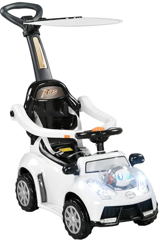 AIYAPLAY Rutschauto Rutscher Kinderauto Kinderfahrzeug Schub- und Haltestange mit Rückenlehne Schutzbügel, Lauflernhilfe für Kinder 12-36 Monate Weiß+Schwarz