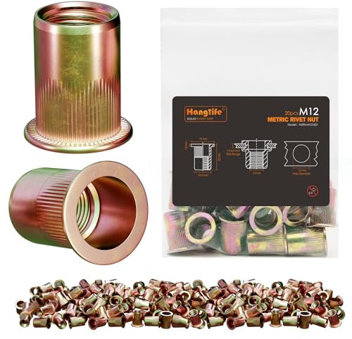 HANGLIFE Rivetti Filettati, M12 Metric Inserti Filettati (20 Pezzi) - Dadi per Rivetti a Testa Piatta, Zincati, in Acciaio al Carbonio con Corpo Zigrinato
