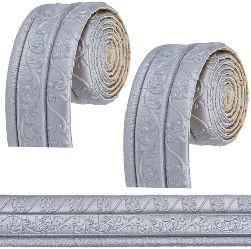 GORGECFAFT 2 Rouleau de Bordure de Papier Peint 3D Autocollante en Mousse Argentée pour la Maison Décoration Murale Flexible Plinthe Moulure Garniture Lignes Murales Anti Collision Étanches (230×8cm)
