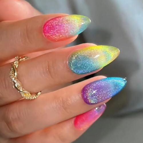 24pcs Short Almond Press On Nails with Glue, Glitter French Tip Fake Nails for Women, Colorful Gradient Acrylic Nails, Easy to Apply Stick on Nails, Perfect for Everyday Wear Special Events Parties