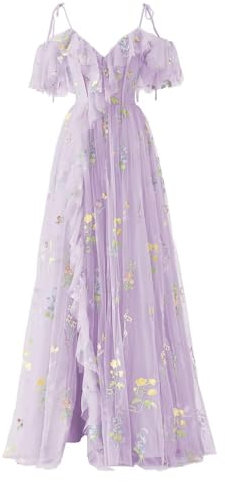 YIANN Flower Embroidery Tulle Prom Dresses Spaghetti Straps Summer Cold Shoulder Formal Evening Gowns Lilac UK10