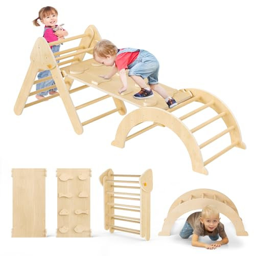 CUPCHID Ensemble de Structure d'escalade Montessori,Structure d'escalade intérieure 7 en 1,Arche d'escalade et Toboggan,Triangle en Bois pour Les Tout-Petits de 1 à 3 Ans (Couleur Bois)