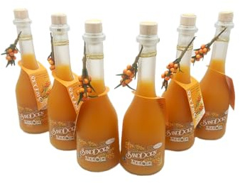 Heiko Blume Sanddorn Likör Set - 6x 500ml Sanddornlikör in gefrosteten Flaschen - Handgefertigte Spirituosen-Spezialität mit Deko-Elementen