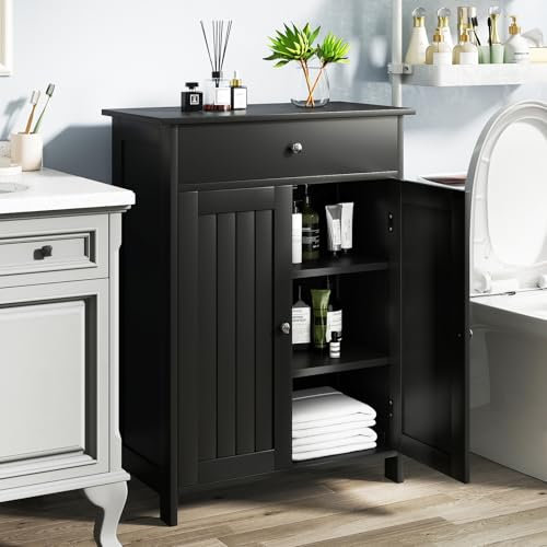 GOPLUS Meuble Salle de Bain, Armoire de Rangement avec 1 Tiroir & 2 Portes & Étagère RéglableCommode avec Dispositif Anti-Basculement,60 x 30 x 80 CM, pour Salle de Bain, Cuisine, Salon (Noir)