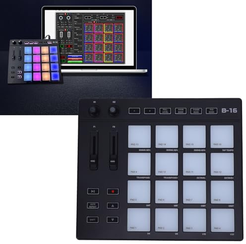 YUEHISY Midi -Controller mit 16 Schlagzeugpolstern, 2 Zuweisbaren Fader -Knöpfen, Hinweis Wiederholen, Vollständige Taste mit Vollem Level, RGB Midi Drum Pad für die Musikproduktion